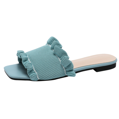 Blaue Rüschen-Slide-Flachsandalen Sommer-bequeme Pantoffel-Sandalen für Frauen