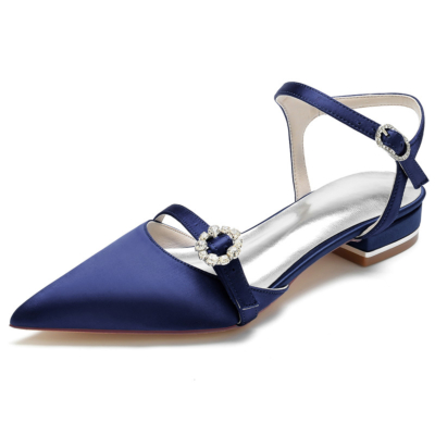 Navy Satin Ankle Strap Flats Closed Toe Backless Riemchen flache Schuhe