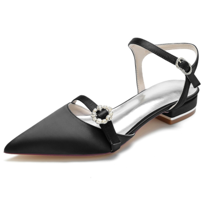 Schwarze Satin-Knöchelriemen-Flache Schuhe mit geschlossenen Zehen und rückenfreien Riemchen