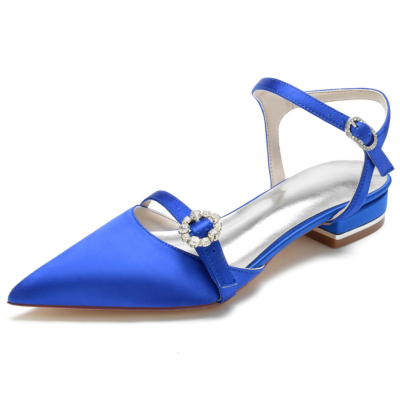 Königsblaue flache Schuhe aus Satin mit Knöchelriemen und geschlossenem Zeh, rückenfreie, flache Riemchenschuhe