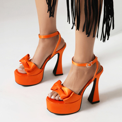 Orange Satin Bow Platform Spool Heel Ankle Strap Sandals