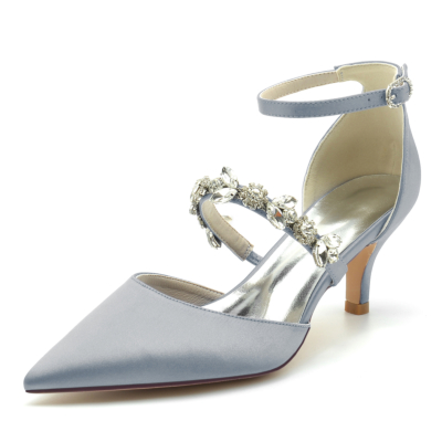 Graue Satin D'orsay Pumps Hochzeit Kitten Heels Schuhe mit Crystal Strap-style9