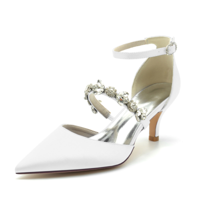 Weißer Satin D'Orsay Pumps Hochzeit Kitten Heels Schuhe mit Kristallriemen