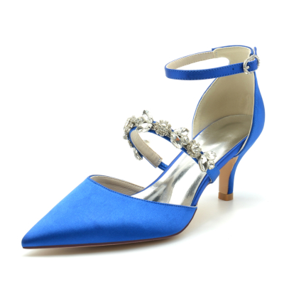 Royal Blue Satin D'Orsay Pumps Hochzeit Kitten Heels Schuhe mit Kristallriemen