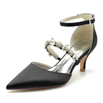 Schwarze Satin D'orsay Pumps Hochzeit Kitten Heels Schuhe mit Kristallriemen