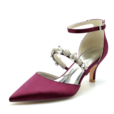 Burgund Satin D'Orsay Pumps Hochzeit Kitten Heels Schuhe mit Kristallriemen