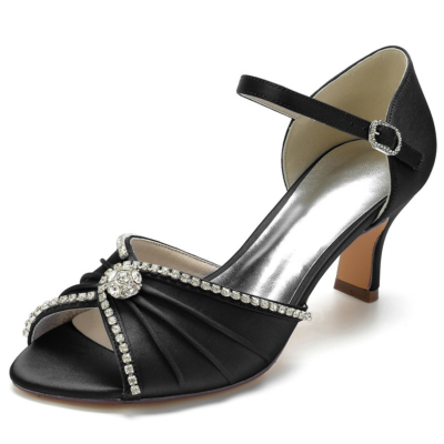 Schwarze Satin-Sandalen mit D'Orsay-Peep-Toe-Knöchelriemen und Absatz