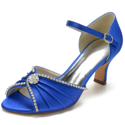 Königsblaue Satin-Sandalen mit D'Orsay-Peep-Toe-Knöchelriemen und Absatz