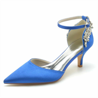 Königsblaue Satin-Juwelenbesetzte D'orsay-Heels mit Kitten-Heel-Pumps und Knöchelriemen