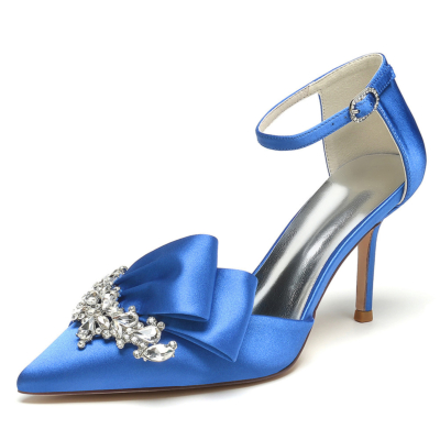 Königsblaue, mit Juwelen besetzte D'orsay-Pumps aus Satin mit Knöchelriemen und Stiletto-Absätzen für die Hochzeit