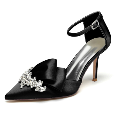 Schwarze D'orsay-Pumps aus Satin mit Juwelen und Knöchelriemen und Stiletto-Absätzen für die Hochzeit
