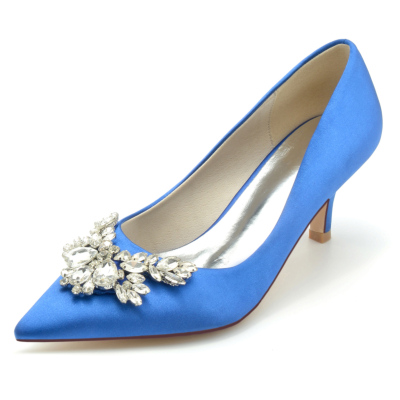 Royal Blue Satin Jeweled Heels Hochzeit spitze Zehe Pumps Kitten Heel