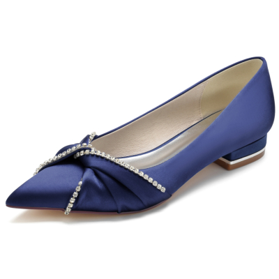 Marineblaue Satin-Juwelenknoten-Pumps flache Schuhe für Partys