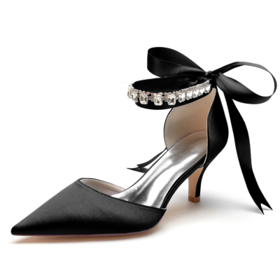 Schwarze Kitten-Heel-Pumps aus Satin mit Bow D'Orsay-Schuhen und Kristallriemen