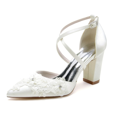 Ivory Satin Lace Flowers Chunky Heel Cross Strap Wedding Shoes