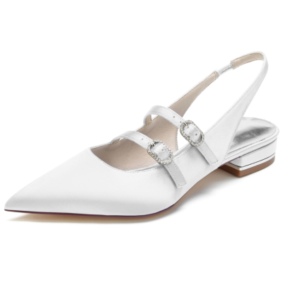 Weiße Mary Jane Slingback-Schuhe aus Satin mit spitzer Zehenpartie