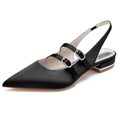 Schwarze, flache Mary Jane-Slingback-Schuhe aus Satin mit spitzer Zehenpartie
