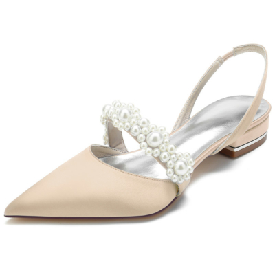 Champagnerfarbene Satin-Perlenverzierungen Flache Schuhe mit spitzen Zehen Slingpumps Flache Brautschuhe