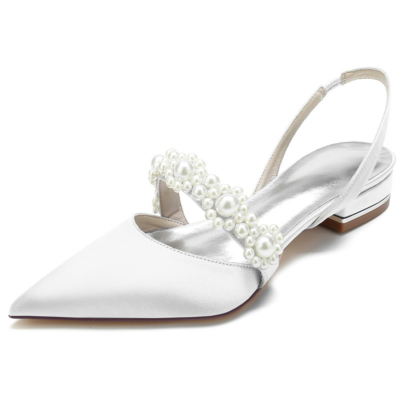 Weiße Satin-Perlen-Verzierungen Flats Pointed Toe Slingpumps Flache Brautschuhe
