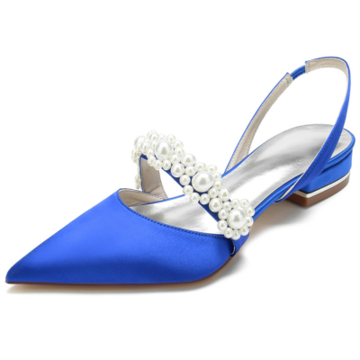 Königsblaue Satin-Perlen-Verzierungen flache Schuhe mit spitzer Zehenpartie und Slingpumps für die Braut
