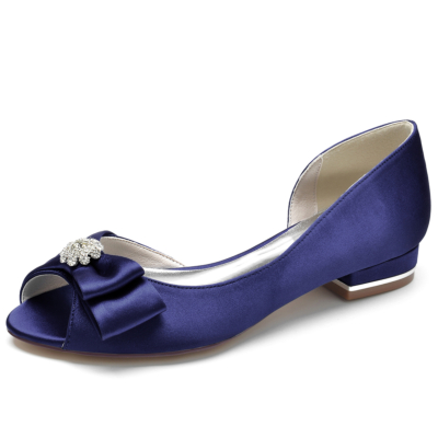 Marineblaue, flache Peep-Toe-Schuhe aus Satin mit Schleife und bequemen Hochzeitsschuhen