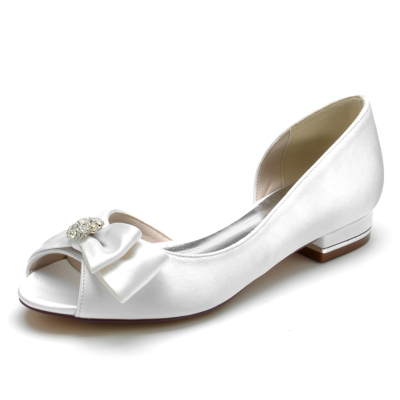 Weiße, flache Peep-Toe-Schuhe aus Satin mit Schleife und bequemen Hochzeitsschuhen