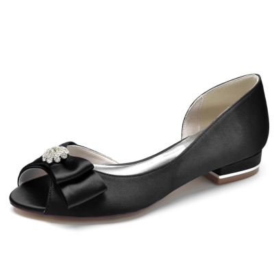 Schwarze flache Peep-Toe-Schuhe aus Satin mit Schleife und bequemen Hochzeitsschuhen