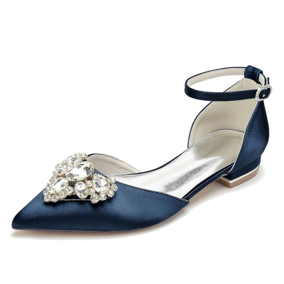 Navy Satin Pointed Toe Flat Ankle Strap Wedding Shoes