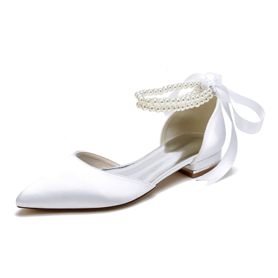 White Satin Pointed Toe Pearl Strap Lace up Wedding Flats