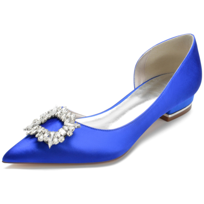 Flache Schuhe mit spitzer Zehenpartie und Schnalle in Königsblau aus Satin