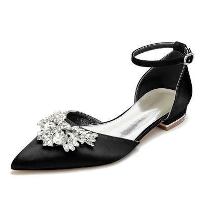 Black Satin Pointed Toe Rhinestone Wedding Shoes Ankle Strap Flat