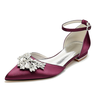 Burgundy Satin Pointed Toe Rhinestone Wedding Shoes Ankle Strap Flat
