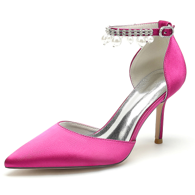 Magenta Satin Pointed Toe Stiletto Heel Pearl Tassle Ankle Strap Pumps Wedding Shoes