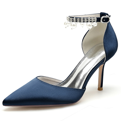 Navy Satin Pointed Toe Stiletto Heel Pearl Tassle Ankle Strap Pumps Wedding Shoes