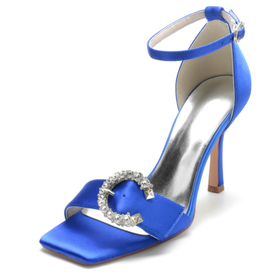 Royal Blue Satin Strass Schnalle Open Toe Stiletto Ankle Strap Sandalen