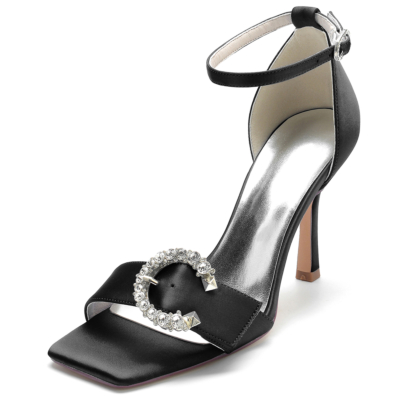 Schwarze Satin-Strassschnallen-Sandalen mit offenen Zehen und Stiletto-Knöchelriemen