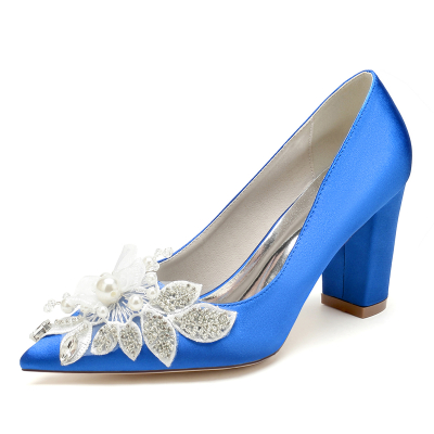 Royal Blue Satin Rhinestone Flowers Bride's Wedding Pumps with Comfortable Chunky Heel