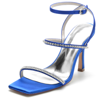 Royal Blue Satin Strass Tri-Straps Open Toe Stiletto Heel Party Sandalen