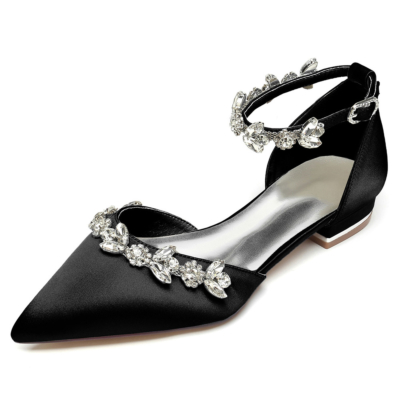 Schwarze Satin-Strasssteine für Hochzeit, flache Schuhe, Braut-D'orsay-Schuhe