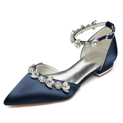 Marineblaue Satin-Strasssteine für Hochzeit, flache Schuhe, Braut-D'Orsay-Schuhe