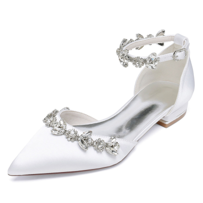 Weiße Satin-Strasssteine für Hochzeit, flache Schuhe, Braut-D'orsay-Schuhe
