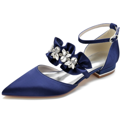 Marineblaue flache Schuhe aus Satin mit Rüschen und Strasssteinen Knöchelriemen Flache D'Orsay-Schuhe