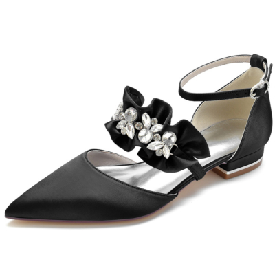 Flache flache Schuhe aus schwarzem Satin mit Rüschen und Strass-Knöchelriemen Flache Schuhe von D'orsay
