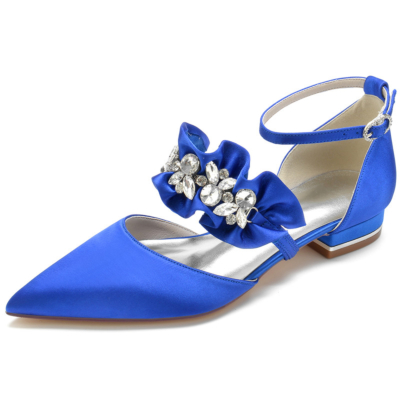 Flache Schuhe aus Satin in Königsblau mit Rüschen und Strass-Knöchelriemen Flache D'Orsay-Schuhe