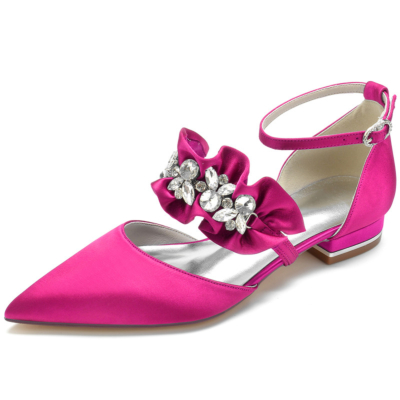 Magentafarbene flache Schuhe aus Satin mit Rüschen und Strasssteinen Knöchelriemchen Flache Schuhe von D'orsay