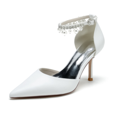 Weiße Satin-Pumps, Schuhe, Perlen-Knöchelriemen, D'orsay-Stiletto-Absätze für den Tanz