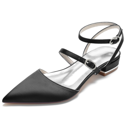 Schwarze Satin-Riemchen-Slingpumps-Flache Schuhe mit spitzer Zehenpartie und rückenfreier Schnalle