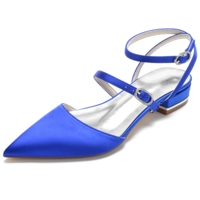Königsblaue Satin-Riemchen-Slingpumps-Flache Schuhe mit spitzer Zehenpartie und rückenfreier Schnalle