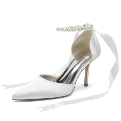 Weiße Satin-Hochzeits-Perlen-D'orsay-Pumps mit Stiletto-Absatz und Knöchelriemen