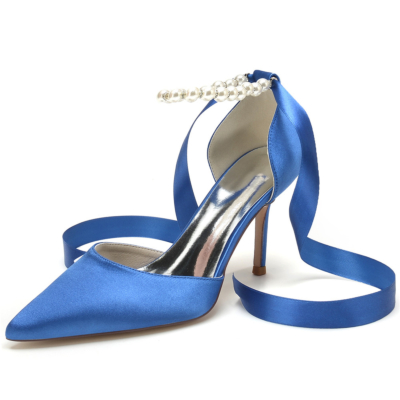 Königsblaue Satin-Hochzeits-Perlen-D'orsay-Pumps mit Knöchelriemen und Stiletto-Absatz
